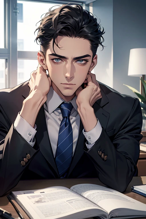 (Best Quality,4k,8k,high resolution,Masterpiece:1.2),ultra detailed,(realist,photorealist,photo-realist:1.37),1 man,31 years,mature man,very handsome,without expresion,muscled body,short gray black hair,Blue eyes,glare,perfect face without mistakes,imposing posture,businessman,office background,cinematic lighting,imagen HDR