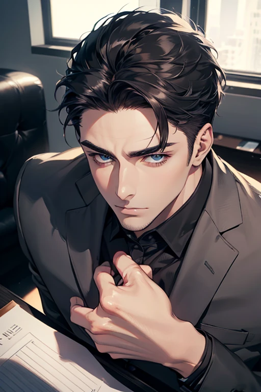 (Best Quality,4k,8k,high resolution,Masterpiece:1.2),ultra detailed,(realist,photorealist,photo-realist:1.37),1 man,31 years,mature man,very handsome,without expresion,muscled body,short gray black hair,Blue eyes,glare,perfect face without mistakes,imposing posture,businessman,office background,cinematic lighting,imagen HDR