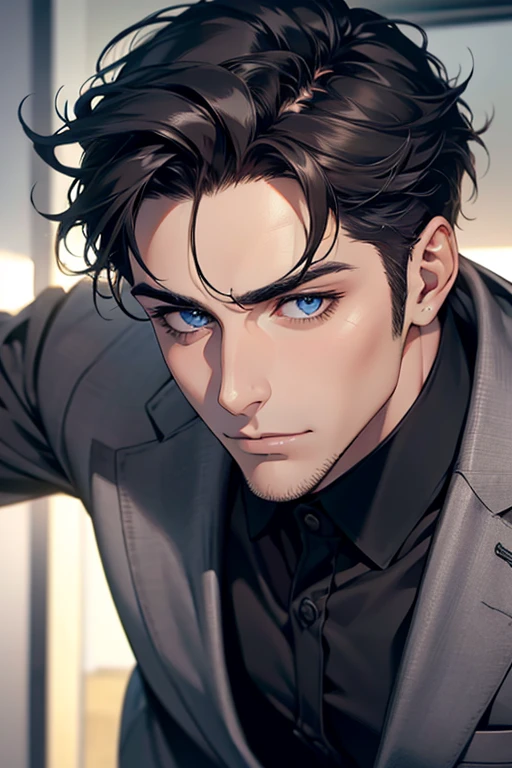 (Best Quality,4k,8k,high resolution,Masterpiece:1.2),ultra detailed,(realist,photorealist,photo-realist:1.37),1 man,31 years,mature man,very handsome,without expresion,muscled body,short gray black hair,Blue eyes,glare,perfect face without mistakes,imposing posture,businessman,office background,cinematic lighting,imagen HDR
