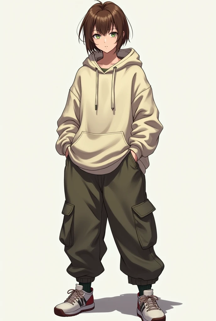 a female rpg character, full body like drawing showing the features, but with loose streetwear style clothes and very short hair above the neck with straight brown bangs, 2d, no back ground, with a serious face, full body and clear eyes, very tall, more mature
