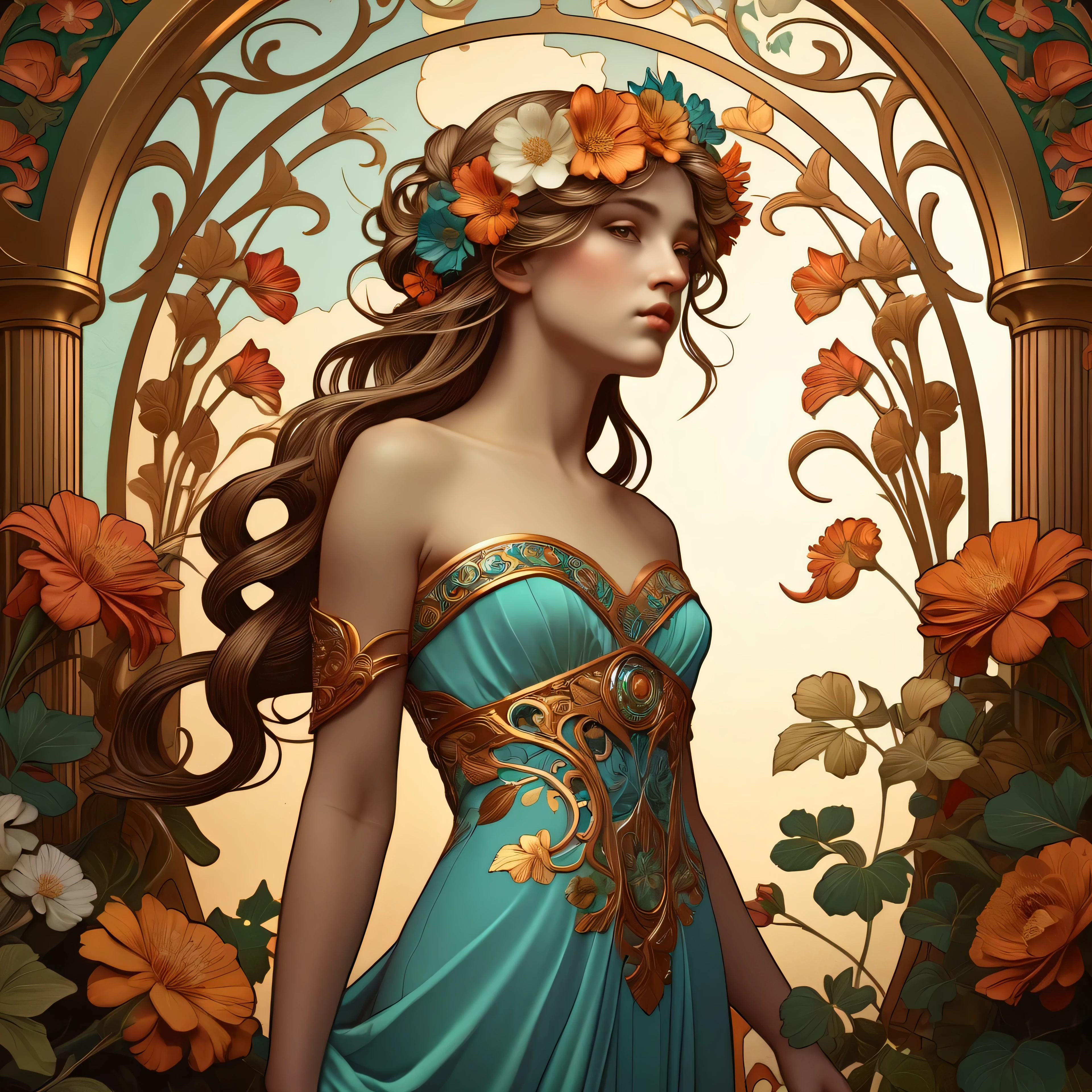 old (Masterpiece, Best Quality, Highres:1.2) Art Nouveau Style Beautiful Woman with Long Hair Shaped as Flowers in the Style of Alphonse Mucha, portrait of a beautiful cute, very beautiful, standing artistically, realistic natural, professional light distribution, very artistic lighting gradation, artistic detail, highly detailed, centered, Nymph-pattern vintage wallpaper with dramatic backlighting casting deep shadows, featuring a meticulously crafted illustration inspired by Dan Mumford and Alphonse Mucha, , realistic chest, thin build, hyper-realistic and photorealistic textures, extremely detailed with intricate floral and foliage elements, octane rendered in 8K (extremely detailed 8k wallpaper), Golden ratio, hidden ancient Greek symbols (, Spiral), balanced design, color harmony, Vernis Martin, golden, ancient mythology, artistically twisted edges, reminiscent of old-world craftsmanship with a contemporary edge, volumetric lighting, ultra fine details, floral, .Roman clothing. She wears a Strapless dress, Roman dress, Open Chest and elegant embroidery, Oriental accessories.