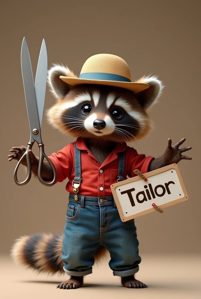 A captivating, adorable photoshotgraph of a fluffy baby raccoon, dressed in a red shirt, blue jeans, and a hat in the German folk style, holding a large pair of scissors in one hand and a piece of fabric in the other hand. The raccoon, showing his speed and agility, is dancing playfully while wearing a sign that says "Tailor". The image has a vibration, conceptual artwork style, with a touch of 3D render and lo fashion elements, creating a unique and imaginative visual experience., lo fashion, photoshot, conceptual artwork, Products, Typography, 3D rendering