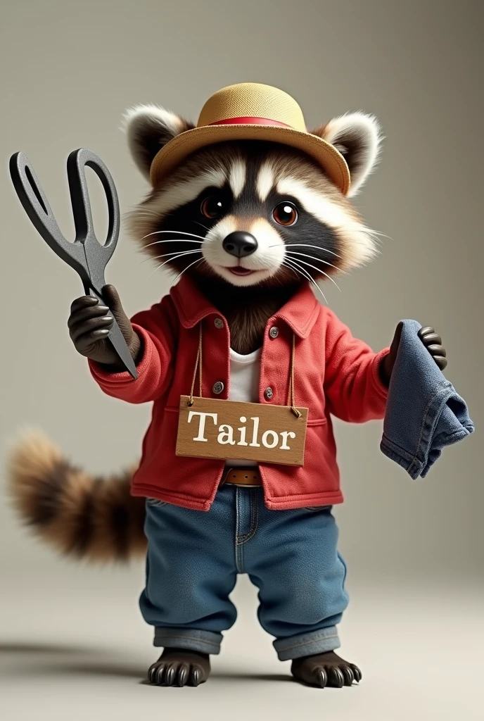 A captivating, adorable photoshotgraph of a fluffy baby raccoon, dressed in a red shirt, blue jeans, and a hat in the German folk style, holding a large pair of scissors in one hand and a piece of fabric in the other hand. The raccoon, showing his speed and agility, is dancing playfully while wearing a sign that says "Tailor". The image has a vibration, conceptual artwork style, with a touch of 3D render and lo fashion elements, creating a unique and imaginative visual experience., lo fashion, photoshot, conceptual artwork, Products, Typography, 3D rendering