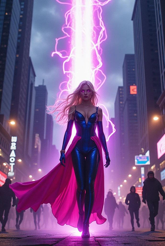 A blonde-haired, violet-eyed supervillain dressed in a sleek skintight pink and blue costume, complete with a flowing pink and blue skirt, exuding an air of malevolent power as she directs a beam of psychic energy, evoking fear and panic among the surrounding terrified civilians