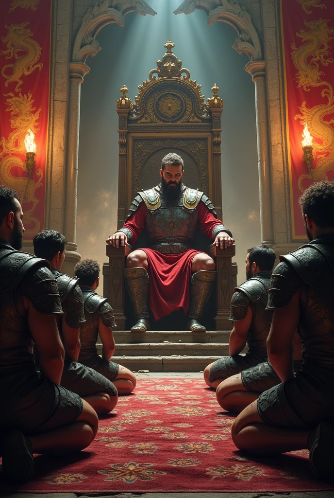 Image of eight defeated warriors kneeling before a king on his throne whose faces can be seen