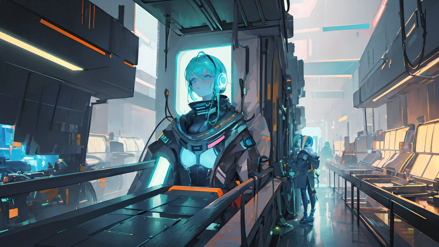 ((inside cyberpunk spaceship)), abstract beauty, approaching perfection, delicate face, dynamic, moonlight, highly detailed, digital painting, artstation, concept art, smooth, sharp focus, full body, green hair, huge breast, wearing headphones, fat ass, cleavage cutout, breast cutout, exposed breasts, upper body, Her piercing blue eyes locked onto the viewer, revealing her voluptuous figure clad in a tiny astronaut custume that hugged every curve