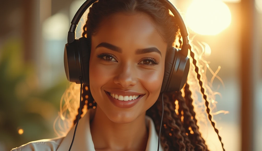 ((THE MOST BEAUTIFUL GIRL IN THE WORLD),, (AGE 22 YO), (LARGE BREASTS CAN NOT BE VIEWED BY VIEWER), (SEPARATED CLEAVAGE),(CUTE SMILE LIPS PARTIALLY OPEN SEE TEETH),RAW, Neelam Gill, She is wearing a headphone, Beautiful Woman, player's perspective, Lens Flare, f/2.8, 50mm, Leica, Braids, (Masterpiece, Top Quality, High Resolution:1.4), 1 girl, , large breasts, angel, abs, skin pore texture, HD 4K, 8K, photo, cinematic, full body portrait, realistic, (8K, RAW photo, Top Quality, Masterpiece:1.2), (realistic, photo-realistic:1.33), best quality, detailed eyes, cute, natural light, depth of field, film grain, wrinkled skin, headphone, sharp, detailed and realistic woman, staring at camera, ruffled lips, sexy smile, perfect teeth, soft natural light, photography, magic photography, dramatic lighting, photorealism, super detailed, elegant white blouse and tight WR.UP jeans with platform stiletto heels.