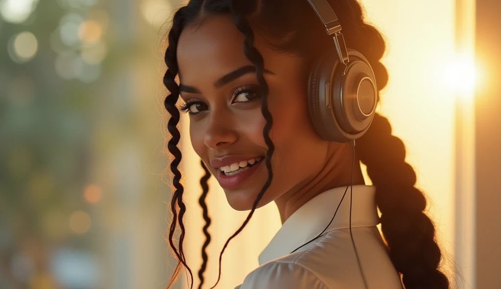 ((THE MOST BEAUTIFUL GIRL IN THE WORLD),, (AGE 22 YO), (LARGE BREASTS CAN NOT BE VIEWED BY VIEWER), (SEPARATED CLEAVAGE),(CUTE SMILE LIPS PARTIALLY OPEN SEE TEETH),RAW, Neelam Gill, She is wearing a headphone, Beautiful Woman, player's perspective, Lens Flare, f/2.8, 50mm, Leica, Braids, (Masterpiece, Top Quality, High Resolution:1.4), 1 girl, , large breasts, angel, abs, skin pore texture, HD 4K, 8K, photo, cinematic, full body portrait, realistic, (8K, RAW photo, Top Quality, Masterpiece:1.2), (realistic, photo-realistic:1.33), best quality, detailed eyes, cute, natural light, depth of field, film grain, wrinkled skin, headphone, sharp, detailed and realistic woman, staring at camera, ruffled lips, sexy smile, perfect teeth, soft natural light, photography, magic photography, dramatic lighting, photorealism, super detailed, elegant white blouse and tight WR.UP jeans with platform stiletto heels.