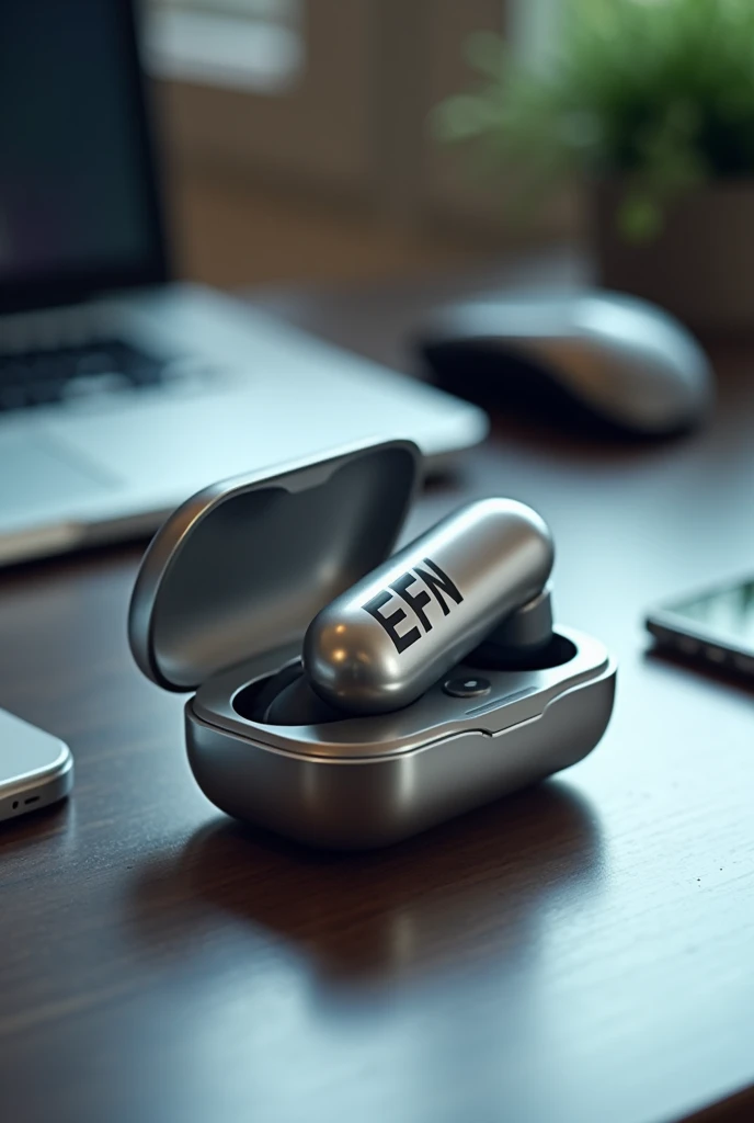 Silver bluetooth headset with charging case, with the letters ( F N ) printed in black and white