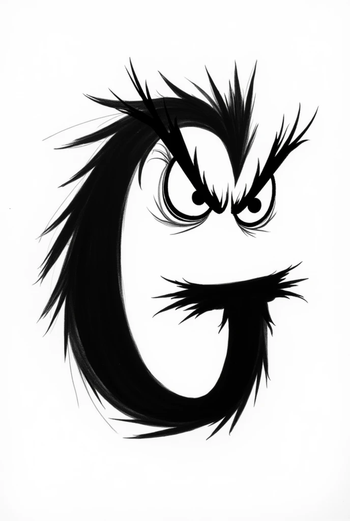 A very angry letter G with eyebrows looking to the right in angry black calligraphy style and white background