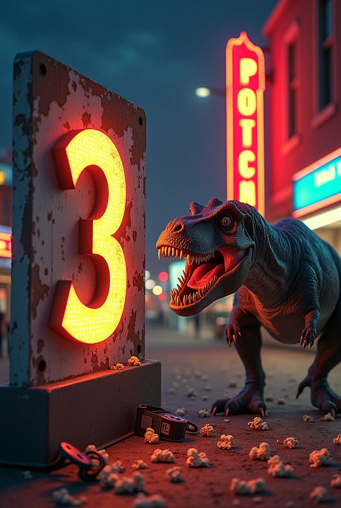 Dinosaur attacking number three,  next to a vintage sign that says: Movies with dinosaurs that you should NOT watch