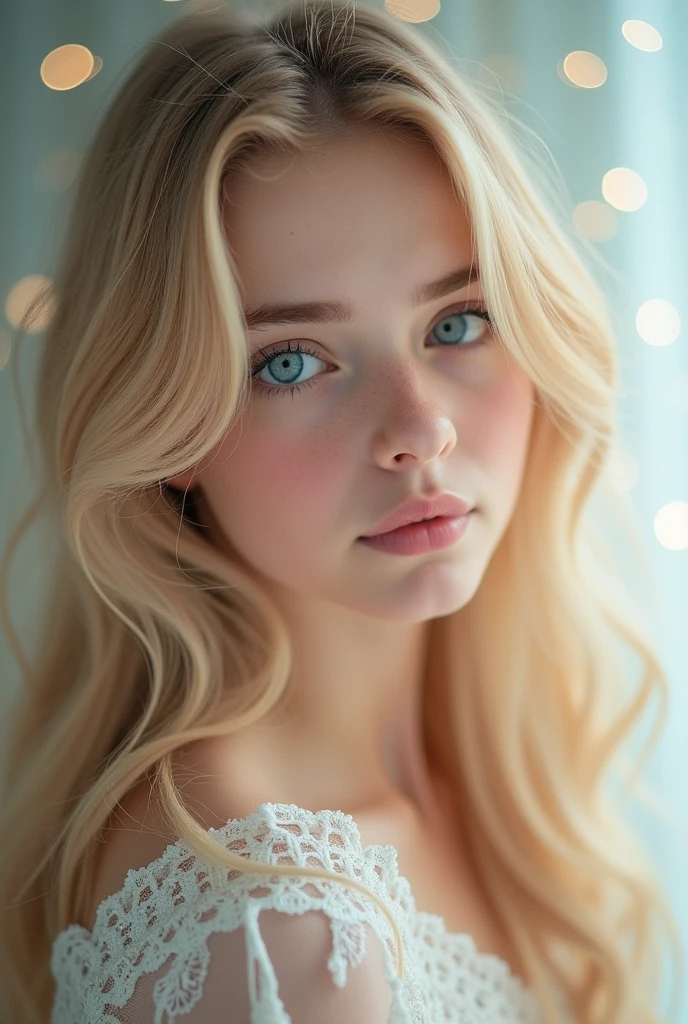 very feminine boy, with female features, rosy cheeks, blue colored eyes, flowing blonde hair, full lips, with medium false eyelashes, pink face makeup, long white nails 
