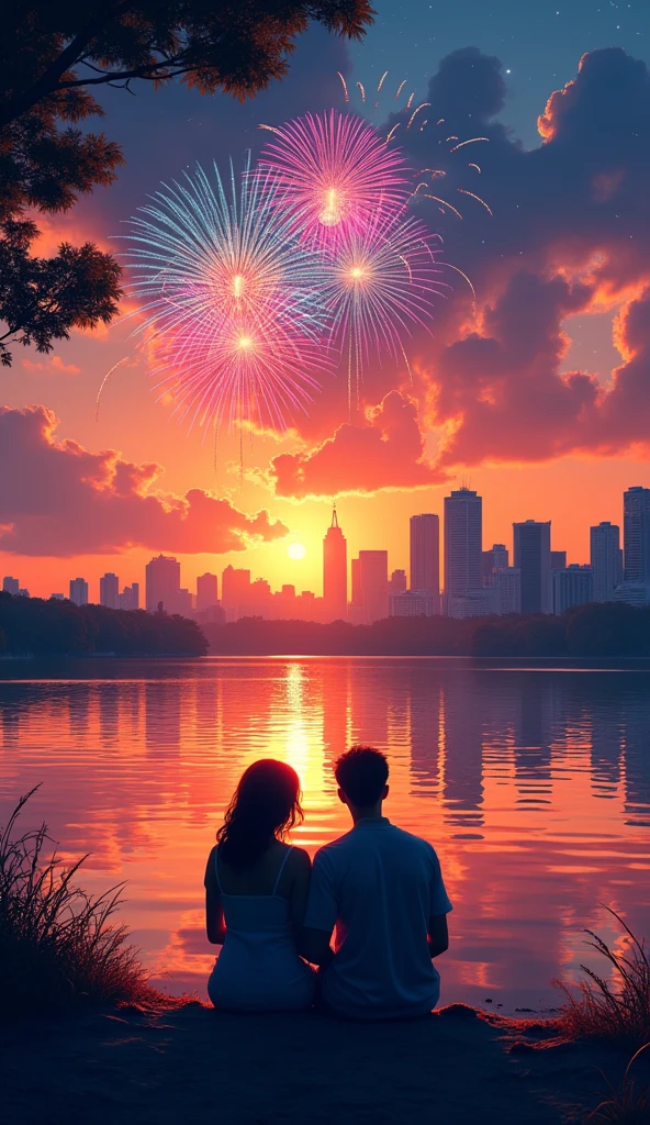 a couple watching fireworks over the lake, in the style of expressive manga style, warm color palette, dreamy, romanticized cityscapes, rtx on, realistic perspective, traditional, oku art --ar 16:9 --v 5.2,sunset cityscape from back view, afrofuturism, frank quitely, light orange and indigo, saurabh jethani, aerial view, ashcan school --ar 8:5 --v 5.2, Hawaii, gta vice style , illustration , reteo comic illustration
