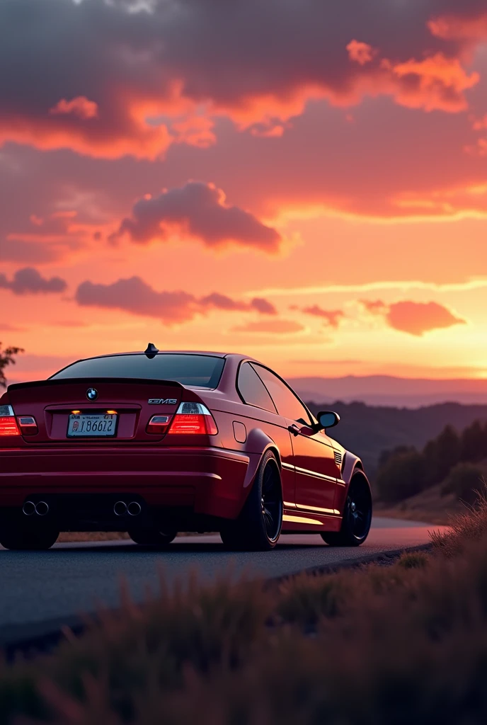 Wallpaper of a bmw m3 e46 in front of a sunset taked by the rear