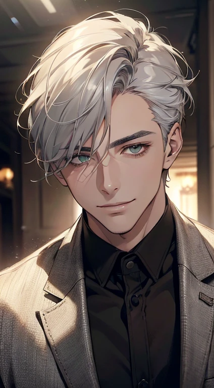 ((a man, very handsome, smile in love, short grey white hair, green eyes, perfect face without errors)), ((buttonthe jacket, CEO)), (best quality, masterpiece, 8K, photorealistic, cinematic lighting, hdr image, ultra detailed, beautiful image), (portrait, detailed facial features, intricate textures, realistic skin tones, highly detailed, ultra-realistic), (warm lighting, soft shadows, dramatic lighting), (muted color palette, rich tones), (professional photography, high resolution, studio lighting)