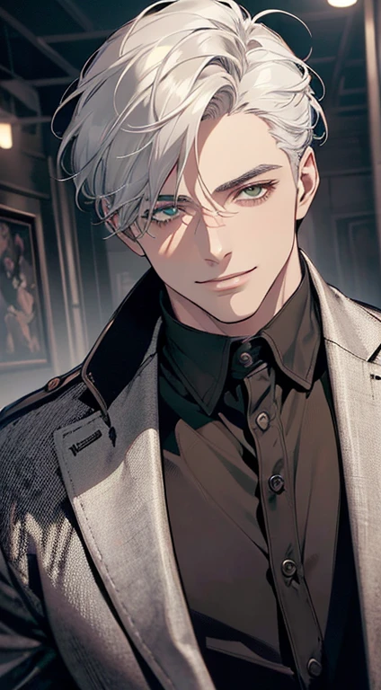 ((a mature man, very handsome, smile in love, short grey white hair, green eyes, perfect face without errors)), ((buttoning the jacket, CEO)), (best quality, masterpiece, 8K, photorealistic, cinematic lighting, hdr image, ultra detailed, beautiful image), (portrait, detailed facial features, intricate textures, realistic skin tones, highly detailed, ultra-realistic), (warm lighting, soft shadows, dramatic lighting), (muted color palette, rich tones), (professional photography, high resolution, studio lighting)