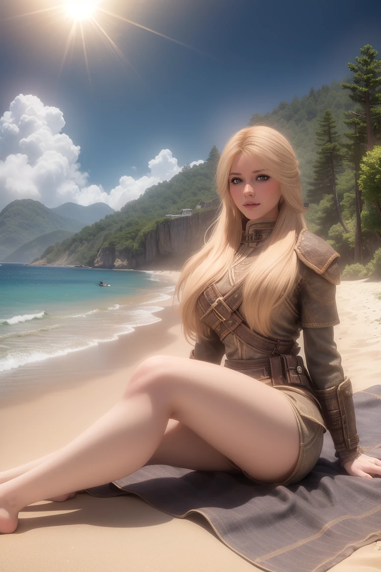 [(bright, sunny day, vibrant colors:1.6) ::6], (masterpiece:1.4), BREAK (1female, female breton, 30 years old), long blonde hair cascading, [wearing hijab: 1.25], relaxing on sandy beach, basking in warm sunlight, sunrays piercing through clouds, crystalline water in background, (beach umbrella:0.8), sandcastle nearby, Skyrim style