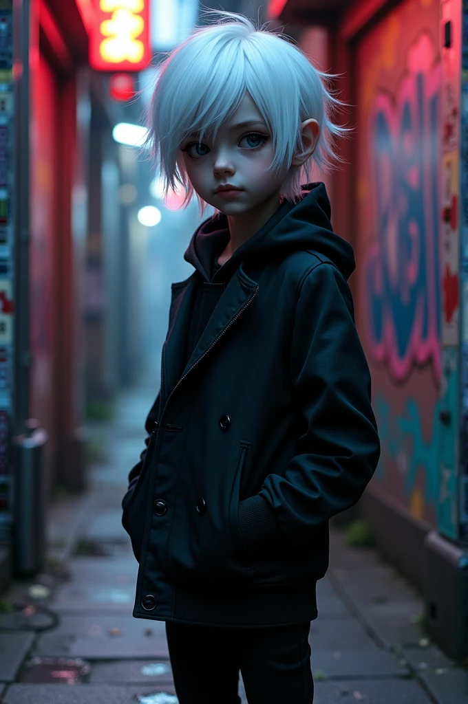 Small male character with black clothes and black pants with small white hair and emo
