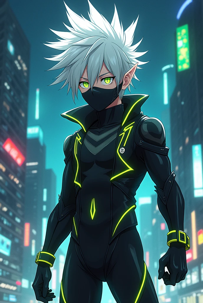 male character, white hair spiking up, greeneyes, small pointy ears. Character defined, black futuristic outfit with green details like a hero uniform, Mask covering the mouth and nose, black mask. anime dash