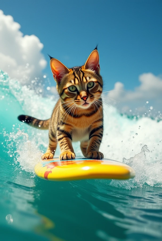 Photo réaliste d’un chat faisant du surf, pas en dessin