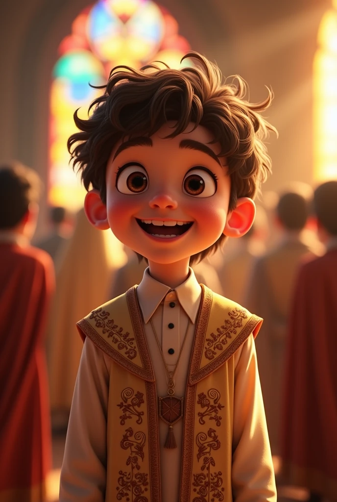 a young jew, 7 , Pixar-style, Caucasian skin, short brown curly hair, wearing a Jewish priestly robe, happy and welcoming expression, detailed facial features, complex clothing folds, warm lighting, film composition, rewarded photography.