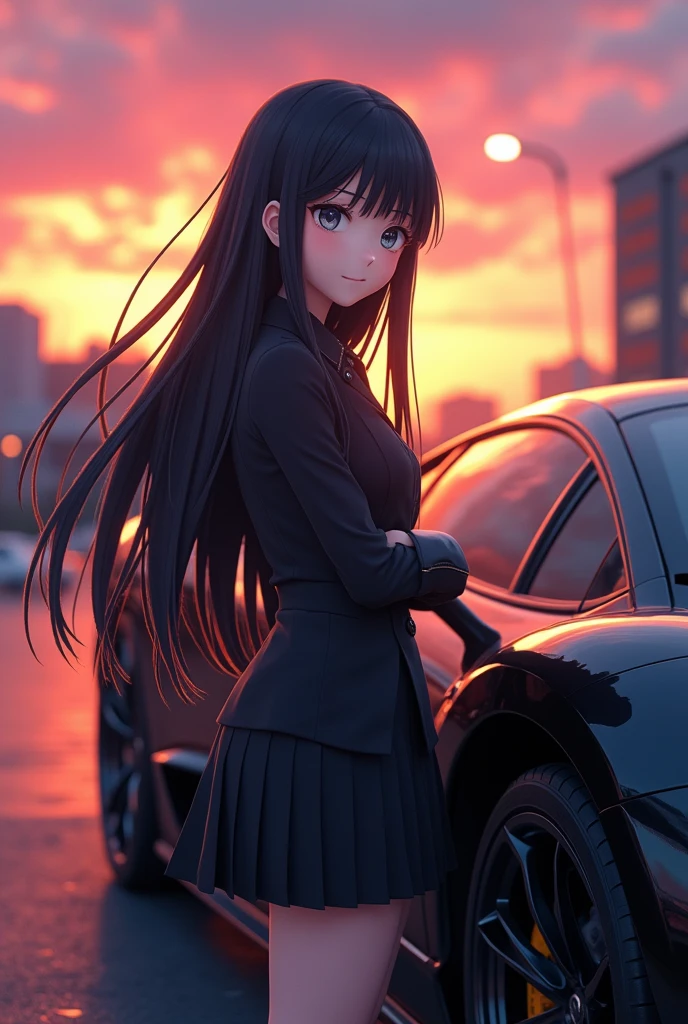 18 years old anime girl standing next to a Supercar, the girl is wearing a Japanese black school uniform, the girl has black and long hair UHD.