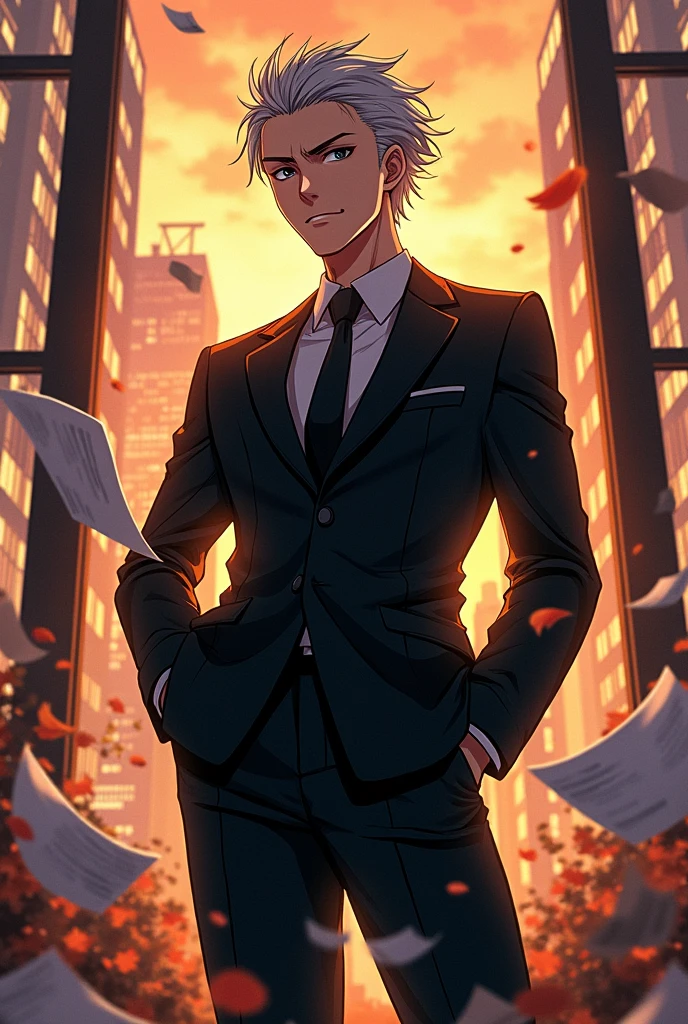 A man in a fierce anime-style black work suit And I'm sitting here working.