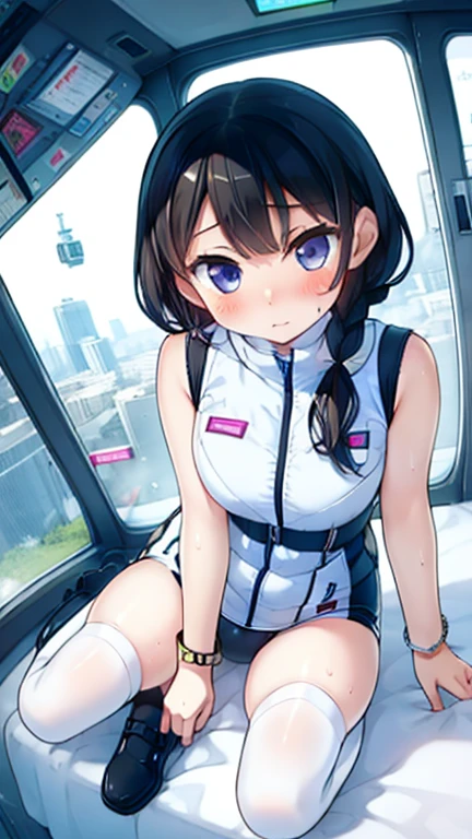 (Highest quality), (masterpiece), 1080P, High resolution, 4K, 8k, Inside the space station、Futuristic room、Thigh straps, Shooting from directly below, The woman on top of me, 白いSweat, Covered , Sweat, Woman looking down, Skirt swimsuit, Thigh-high socks, To achieve this, , , whole body, Black leather shoes, Braided hair, Inner Color, Embarrassed face, Short black hair, bracelet, Bedroom,celestial body_Vest
