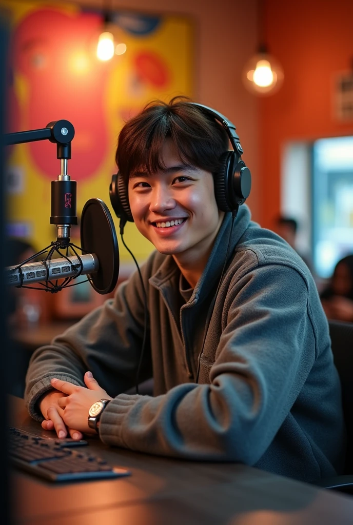a young adult man with dark brown hair side swept bangs at a podcast table with slightly large cheeks