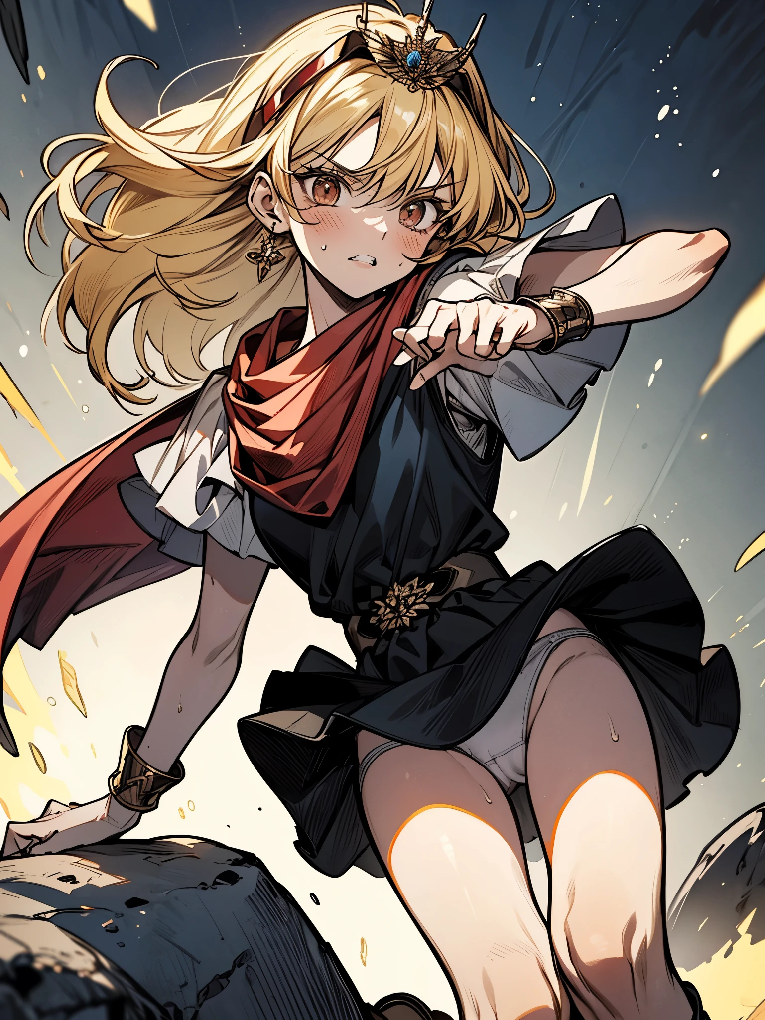 Gold Bracelet,nsfw, white panties,{{{{knee to chest:1.6}}:1.6}},{{knee up:1.6}},{{masterpiece}}, {{{Highest quality}}},{{Very detailed}},{{Pain ,Suffering}},{{critical situation:1.6}},,{{from below:1.6}},{{Adult female}},,{{Fighting stance}},{{FIGHT:1.4}},Mature adult woman,{{from below:1.4}}, cowboy shot,foot focus, Dynamic composition,{{fight}} ,{{}}, , (Realistic, photo ), (reality: 1.4),{{masterpiece}}, {{{best quality}}},{{ultra-detailed}}, {{illustration}}(Beautiful and fine eyes)、slanted bangs、perfect cosplay,,1 girl,alone,magical princess,blonde hair,blue clothes,Blue skirt,brown eyes,feather hair band,long hair,pauldron,boots,red scarf,tiara,white shoes,{{Grit your teeth:1.4}},,{{v-shaped eyebrows}},Bad mood,blush,Sweat,raise one's eyebrows ,On a rock foundation