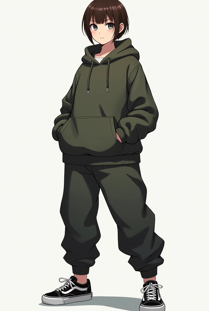a female rpg character, full body like drawing showing the features, but with loose streetwear style clothes with vans and very short hair above the neck with straight brown bangs, 2d, no back ground, with a serious face, full body and clear eyes, very tall, more mature can't be cute
