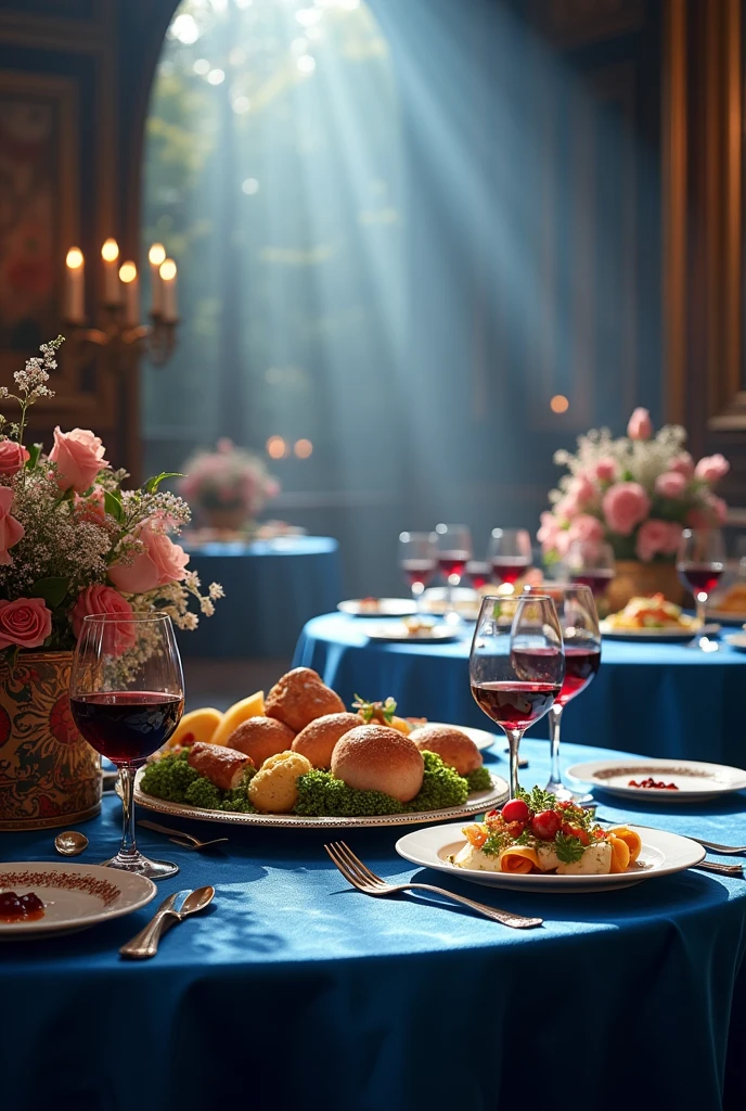 (photorealism:1.2), two dinner table, royals, divine light, blue table cloth, food, wine, divine