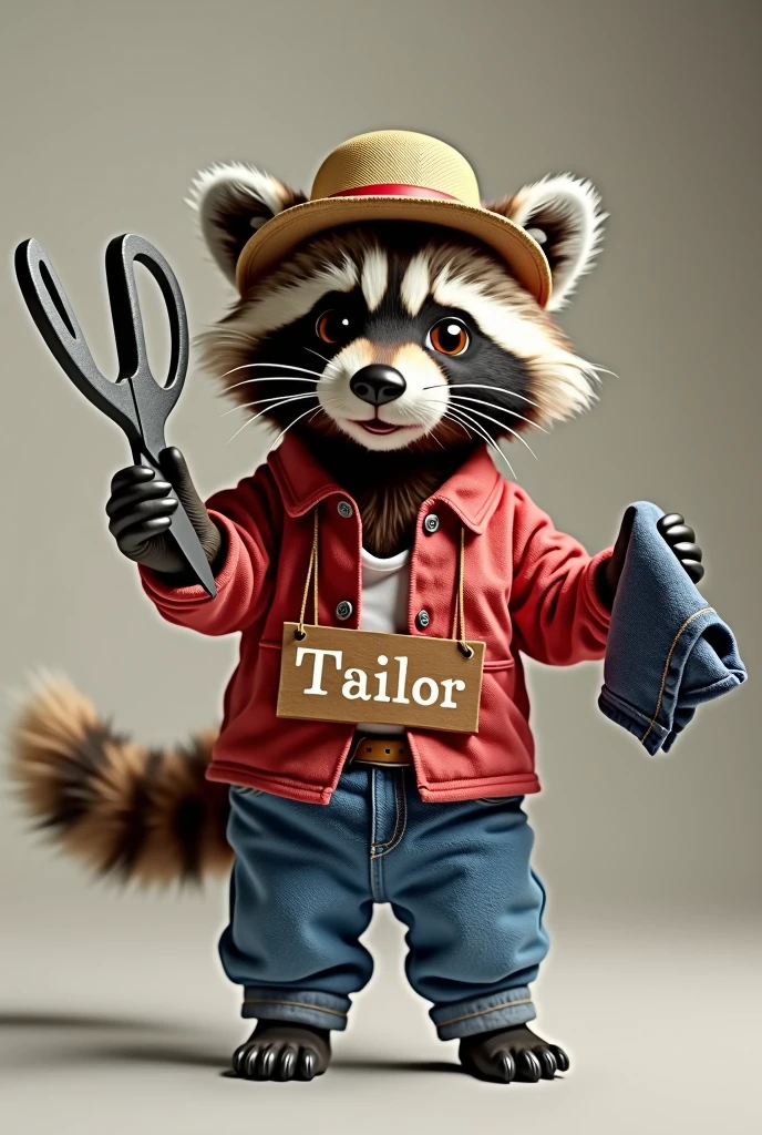 A captivating, adorable photoshotgraph of a fluffy  raccoon, dressed in a red shirt, blue jeans, and a hat in the German folk style, holding a large pair of scissors in one hand and a piece of fabric in the other hand. The raccoon, showing his speed and agility, is dancing playfully while wearing a sign that says "Tailor". The image has a vibration, conceptual artwork style, with a touch of 3D render and lo fashion elements, creating a unique and imaginative visual experience., lo fashion, photoshot, conceptual artwork, Products, Typography, 3D rendering