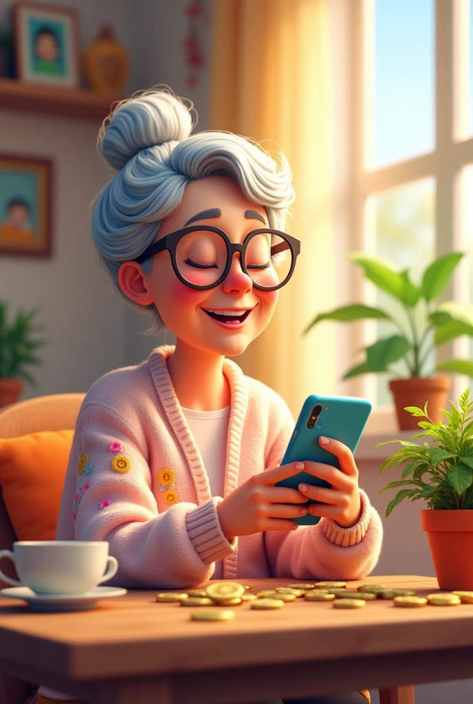 A cartoon grandmother with a smartphone, smiling while purchasing something with cryptocurrency