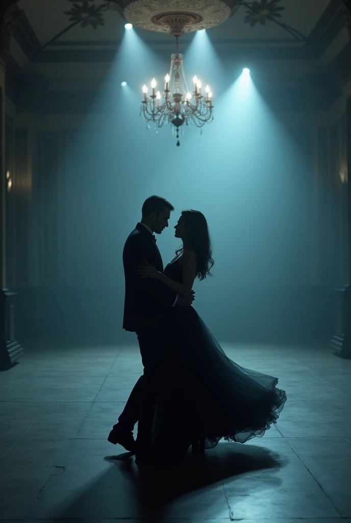 A couple dancing waltz in a large room in dark colors focused on the couple seen from a distance, with their backs turned and in a depressive style 
