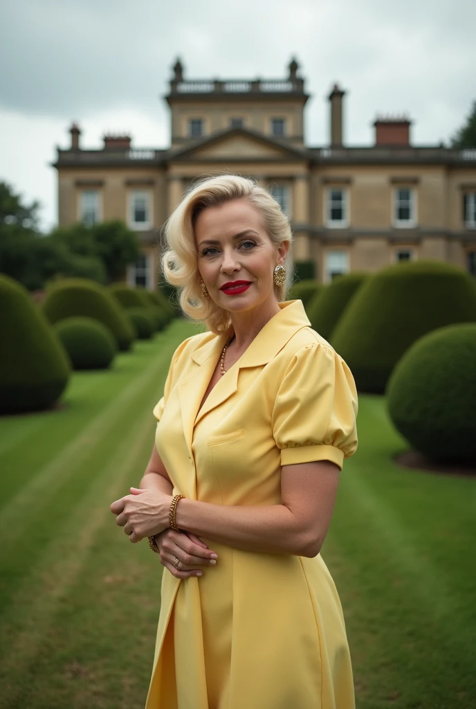 eye level shot, photo, 100mm lens, no distortion, An elegant and sexy mature blonde woman age 44,looking into camera, body positive, busty, red lips, wearing a stylish 1950s-style light yellow dress, exuding sophistication and confidence in a poised and aloof manner. She stands gracefully on the manicured grounds of an imposing manor house, which looms majestically in the background. The scene is set under an overcast sky, creating a dramatic and atmospheric ambiance that accentuates her superior demeanor. The mansion features ornate architecture with detailed details, surrounded by lush green gardens and well-kept hedges, adding richness to the composition. canon 50, cinematic