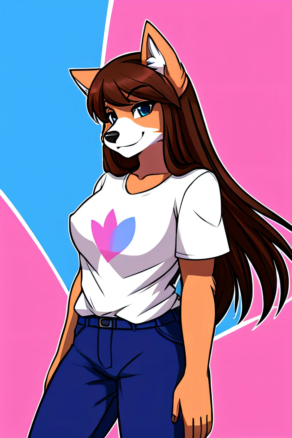 there is a picture of cotton candy, wolf, blue, WHITE, pink ,shirt arm long red and pants black draw avatar, Furson, Fluffy style, furry character, fluffy furafiniti, furry Furson, Thick, fluffy cute style, Furson!!!!, half of the body, Furson, Cheap girl with brown hair and long hair, woman, Girl's breasts, background style colorful, transgender