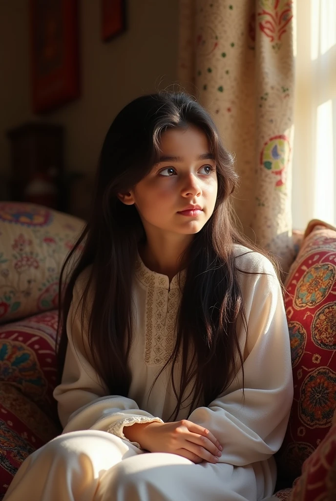 A beautiful Baloch girl with blue eyes and pink checks sitting at home 
