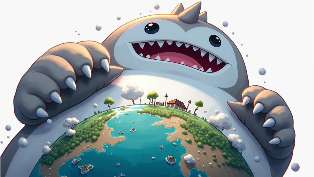 A cute giant monster with a prominently large belly, lying on its side attempting to crush a continent, as seen from the lowest perspective