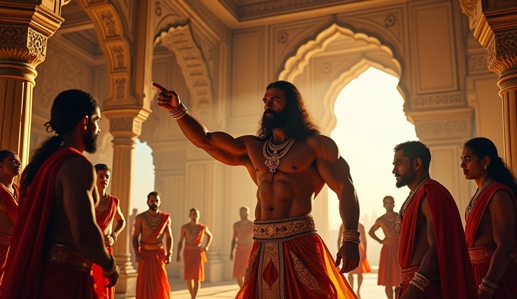 Generate a high quality interior of an indian palace with big windows without mirror and curtain closing, the indian palace king having bodybuilder physic and long hairs scolding and ordering his all male servents standing with anger standing in front of them giving order, the king is pointing finger toward only male servents king face is highy detailed with high definition and fully visible,palace ambience is rich and ancient,king face is visible clearly
