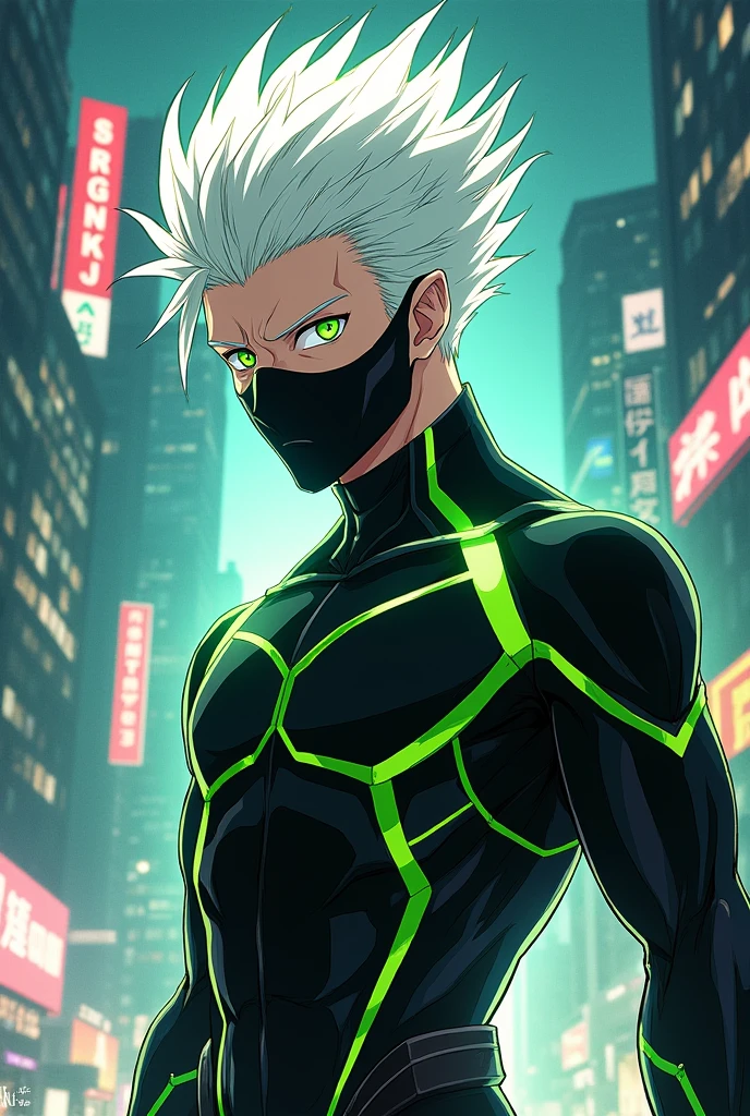 male character, white hair spiking up, greeneyes, small pointy ears. Character defined, black futuristic outfit with green details like a hero uniform, Mask covering the mouth and nose, black mask. anime dash