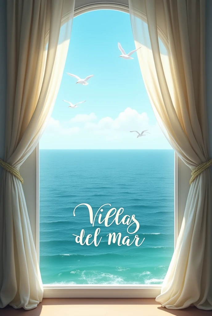 an image with a view of the ocean from a window and the phrase Villas del Mar