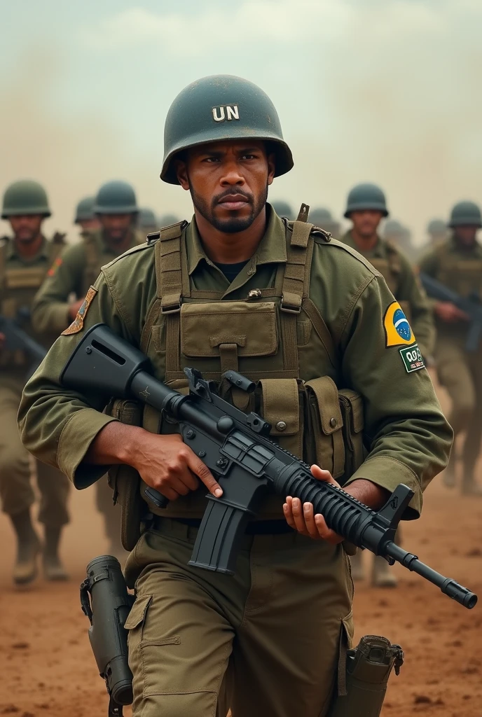 Illustrate a realistic light brown man all dirty with dust and all cut up from the Brazilian army commando battalion, with a large, strong and wide physique, He has short hair, with a tired but aggressive look, holding a heavy machine gun with a large cut on his face. He is fully equipped with a blue UN helmet and a long-sleeved Brazilian army uniform with the flag symbol on the shoulder.. He has a large, heavy vest. In the background leading an entire battalion of Brazilian soldiers