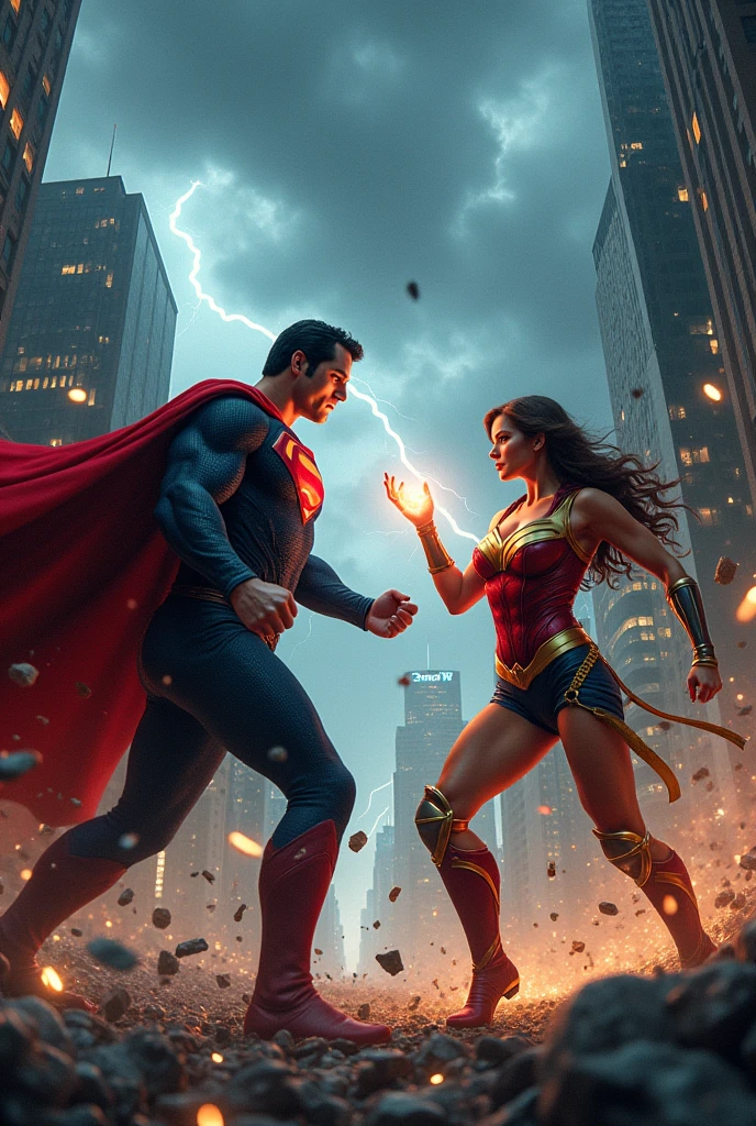 Evil damage Superman fighting wonder girl in Metropolis