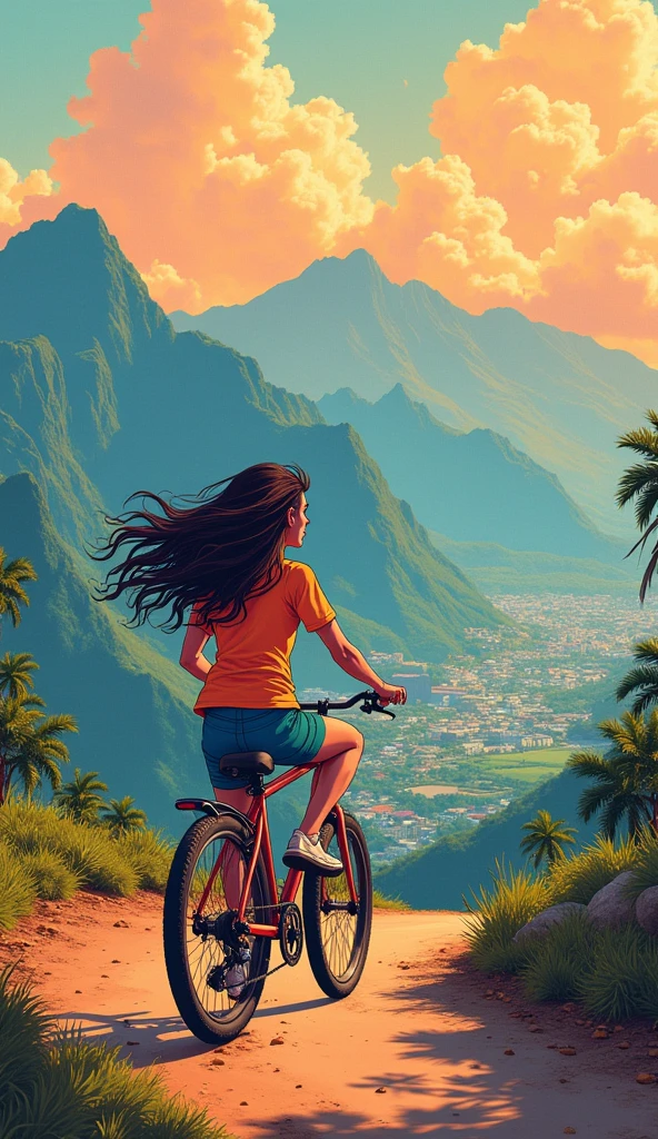 an animated girl riding a bike, mountains, charming anime characters, anime art, expansive landscapes, large-scale canvas, romanticized views, plein-air realism, unset cityscape from back view, afrofuturism, frank quitely, light orange and indigo, saurabh jethani, aerial view, ashcan school --ar 8:5 --v 5.2, Hawaii, gta vice style , illustration , reteo comic illustration