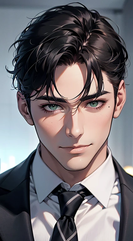 (Highest quality,4K,8K,High resolution,masterpiece:1.2),Super detailed,(Realistic,photoRealistic,photo-Realistic:1.37),1 person,34 years old,Mature Men,Beautiful skin、very handsome,Expressionless smile in love,Short gray Black hair,green eyes,Sharp Eyes,A perfect face without a doubt,Businessman, CEO, Office Background,Cinema Lighting,HDR image,tie、