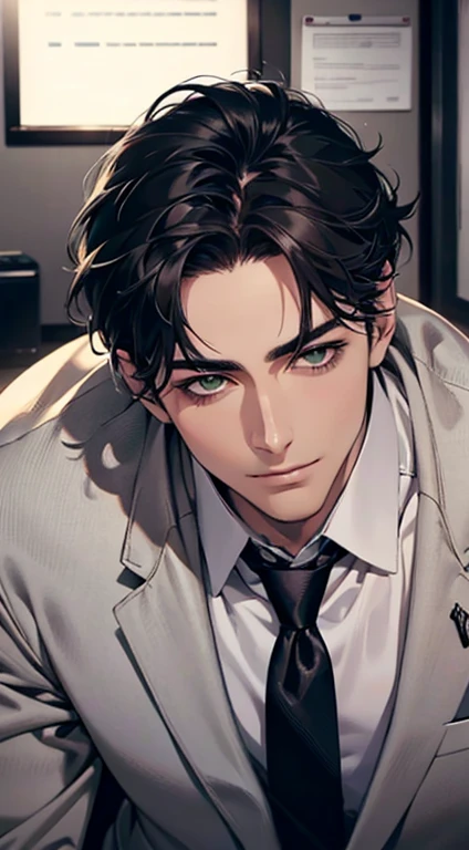(Highest quality,4K,8K,High resolution,masterpiece:1.2),Super detailed,(Realistic,photoRealistic,photo-Realistic:1.37),1 person,34 years old,Mature Men,Beautiful skin、very handsome,Expressionless smile in love,Short gray Black hair,green eyes,Sharp Eyes,A perfect face without a doubt,Businessman, CEO, Office Background,Cinema Lighting,HDR image,tie、
