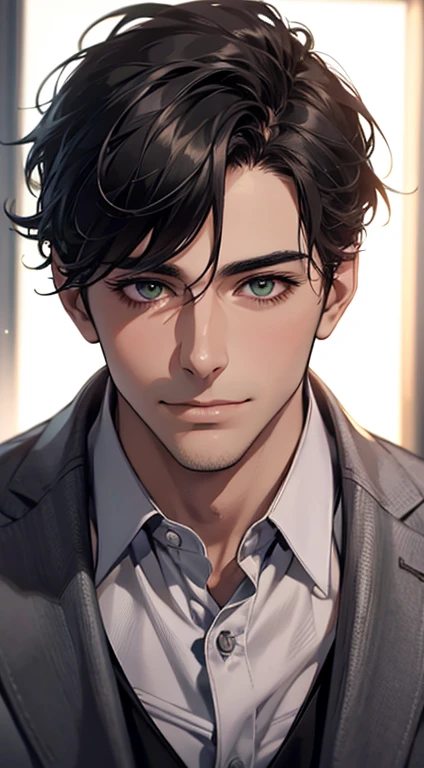 (Highest quality,4K,8K,High resolution,masterpiece:1.2),Super detailed,(Realistic,photoRealistic,photo-Realistic:1.37),1 person,34 years old,Mature Men,Beautiful skin、very handsome,Expressionless smile in love,Short gray Black hair,green eyes,Sharp Eyes,A perfect face without a doubt,Businessman, CEO, Office Background,Cinema Lighting,HDR image,tie、
