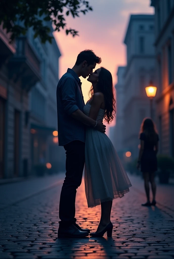 Shadows of young people, a man and a woman kissing and a third shadow of a woman in the background (only one)