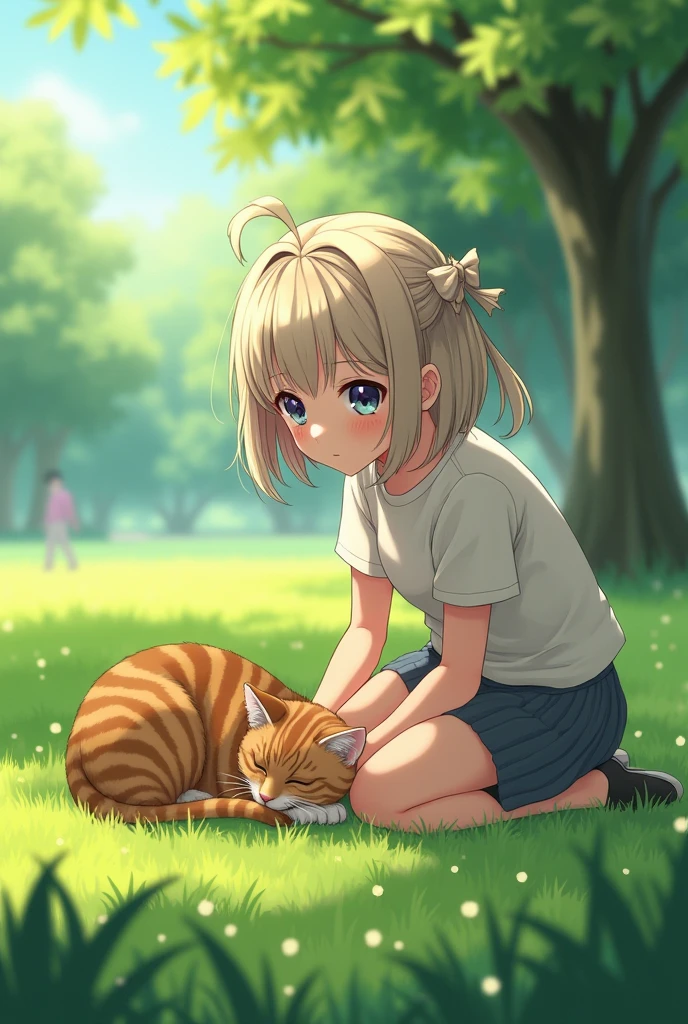 Highest quality、High resolution、Detailed Background、Beautiful face in every detail:、Anatomically correct、-yeld an girls、Normal number of fingers、Highly detailed face、Detailed eyes、Huge breasts、Perfect body line、Light color hair、Braided bob cut、Braided Ponytail、cute仕草、A girl with a gentle gaze、
A brown tabby cat was sleeping peacefully in front of a girl standing in a quiet park.、
The girl looks at the cat with a gentle gaze、Slowly approaching, snuggling up、
The cat noticed the girl's gentle gesture、He slowly opened his eyes and looked back at the girl.、
The girl gently stroked the cat's head, and the cat closed its eyes as if in comfort.、
It's enough just to feel each other's presence in silence.、
The girl looked at the cat's gentle expression.、She suddenly smiled.、
The love for small lives、It was a moment when I felt the preciousness of life.、cute
